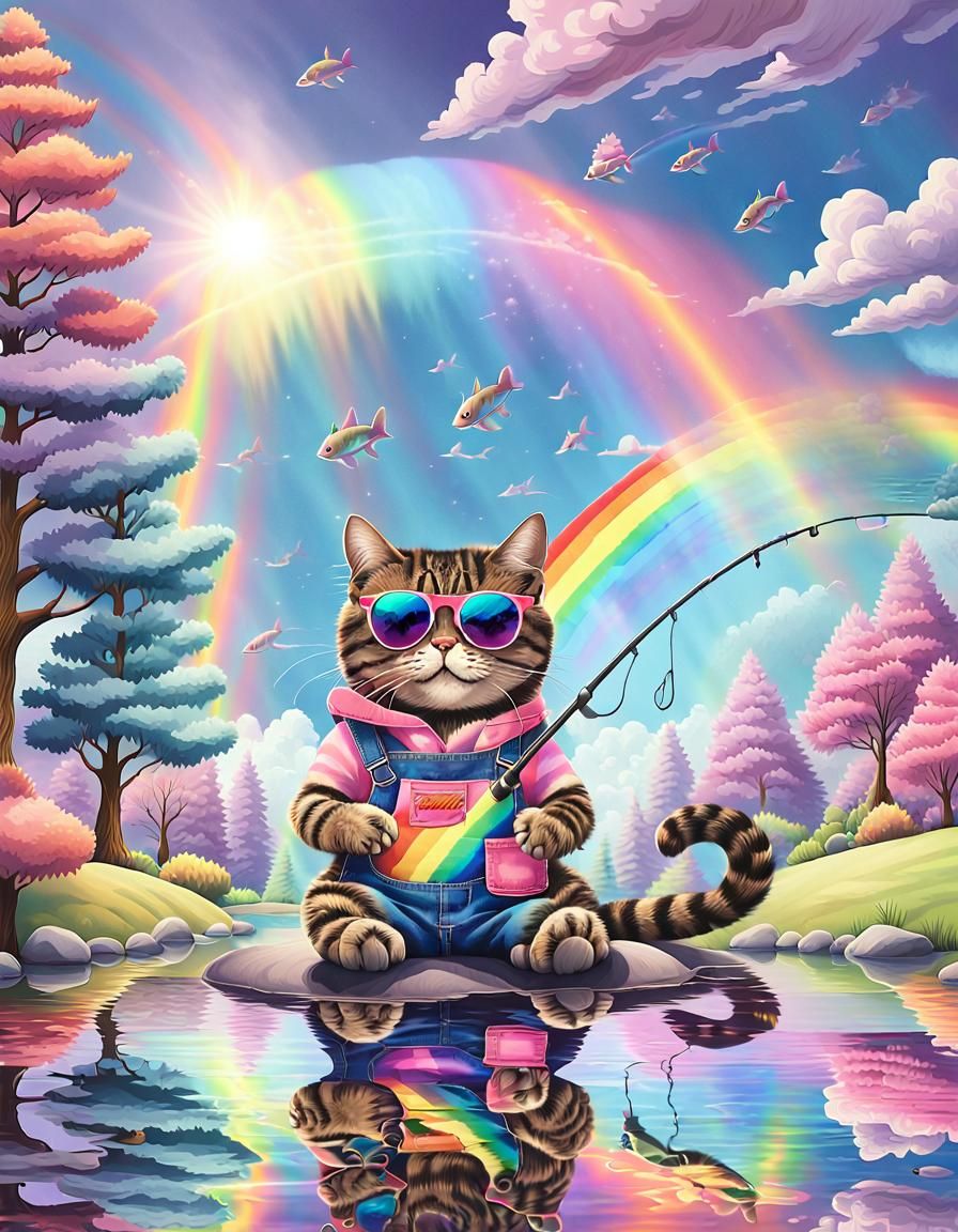 Cat in Overalls Fishing at Rainbow Pond: Expressionist Water...