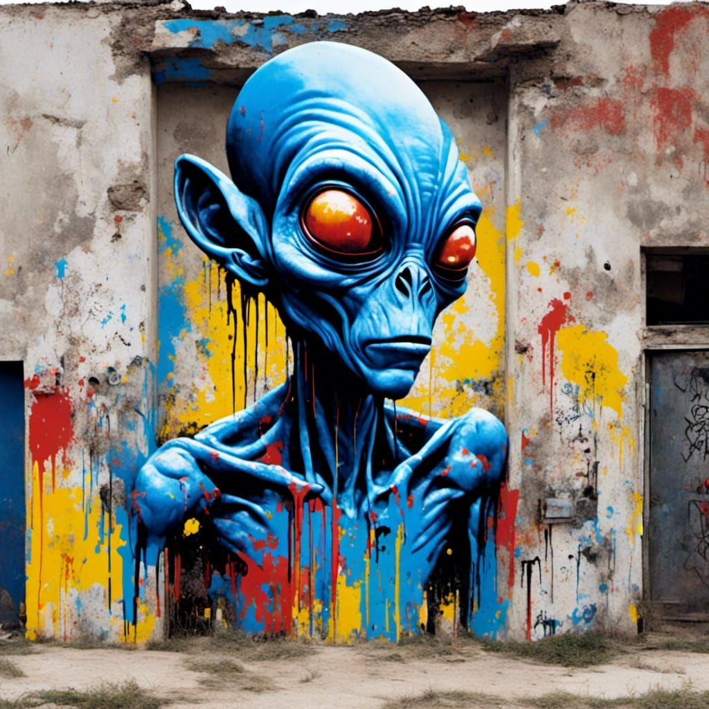 Blue Alien Graffiti Art in Urban Neo-Expressionism