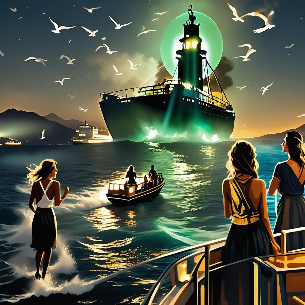Greek Island Ferry at Night in Cinerealist Style