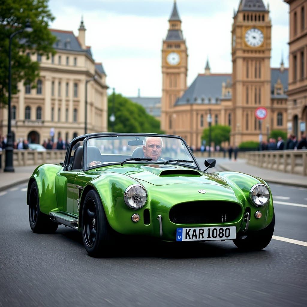 1960s green sports car driving in central london.