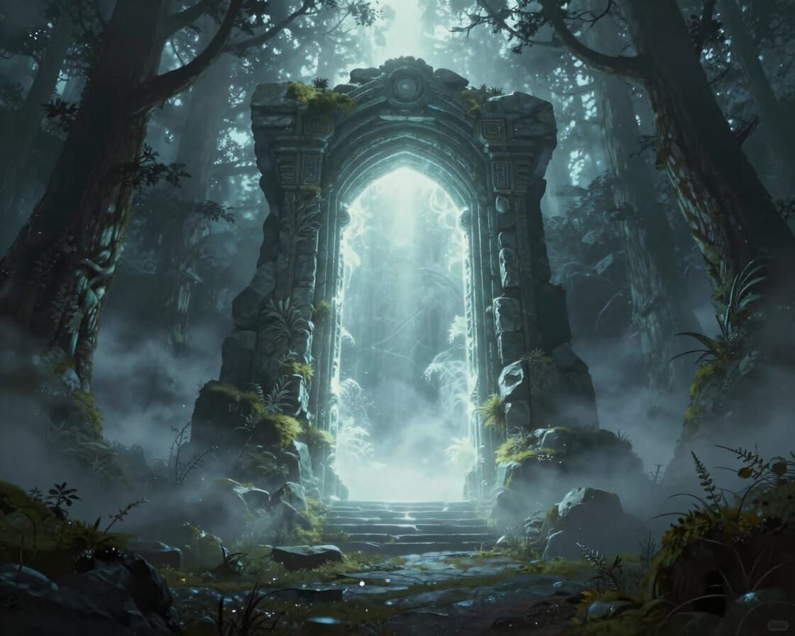 Ethereal Portal in Misty Forest Digital Matte Painting