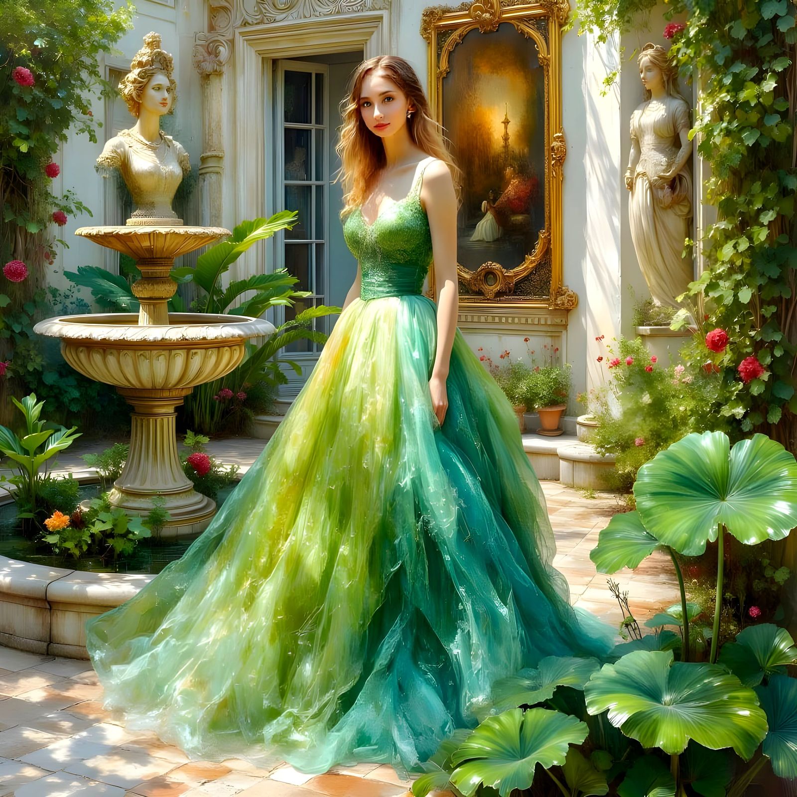 Smiling Woman in Lily Pad Dress: Impasto Oil Painting