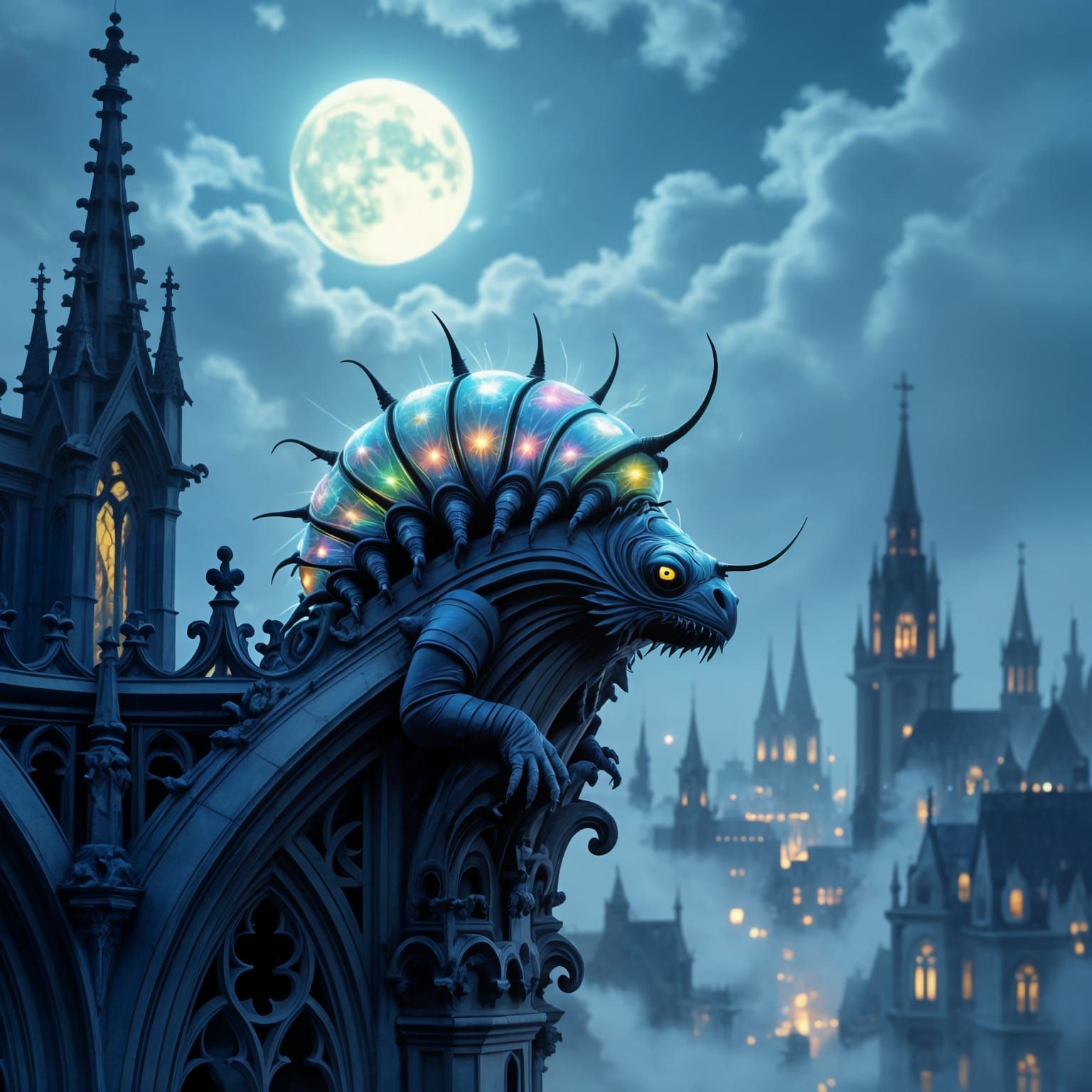 Ethereal Caterpillar on Gothic Cathedral, Dark Fantasy Art