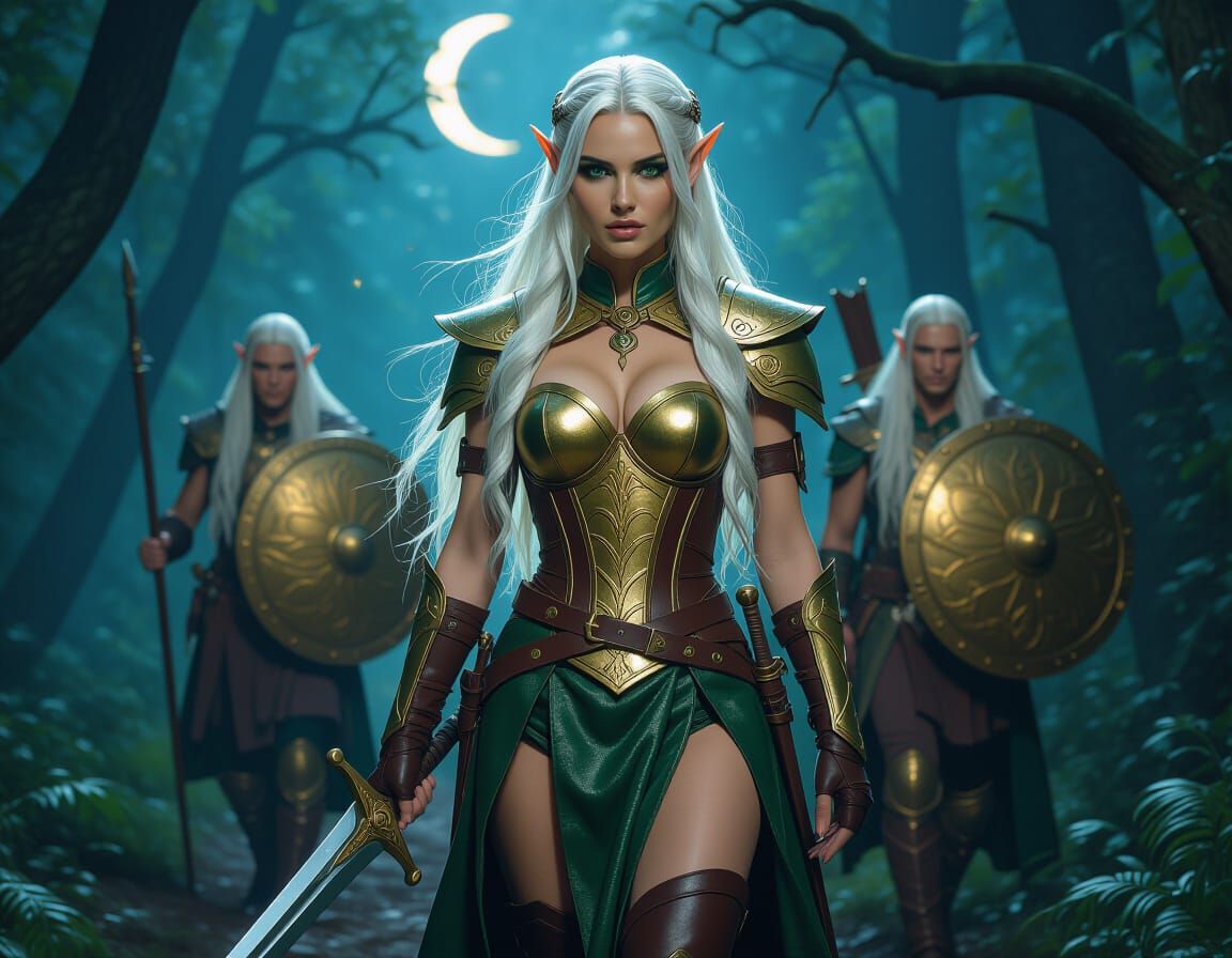 Enchanted Elf Queen in Forest, Cinematic Lighting