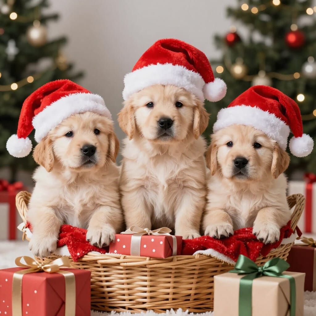 Adorable Golden Retriever Puppies in Santa Hats