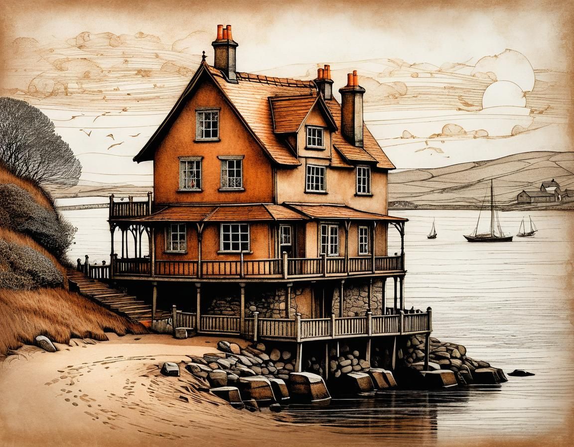 Whimsical Dreamhouse Sketch in Copper and Brown Hues