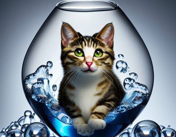 Whimsical Wet Cat in a Bottle, Bathed in Ethereal Light