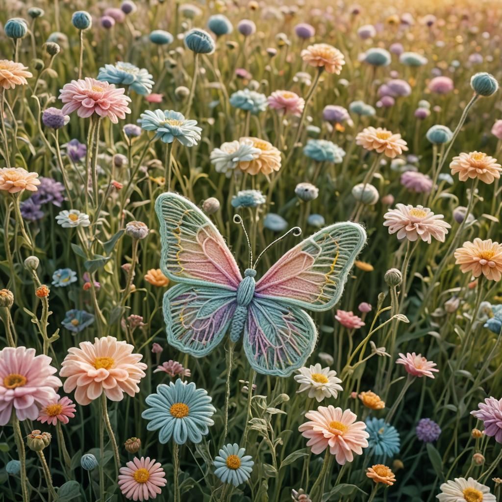 Yarn Butterfly Knitting Art in Pastel Colors