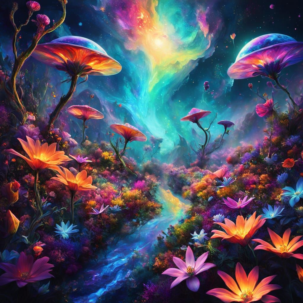 Naturepunk Alien's Cosmic Slide: A Vibrant Oil Painting