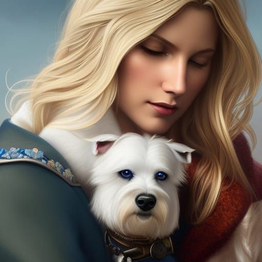 Blonde Woman Petting Schnauzer: Hyperdetailed Portrait