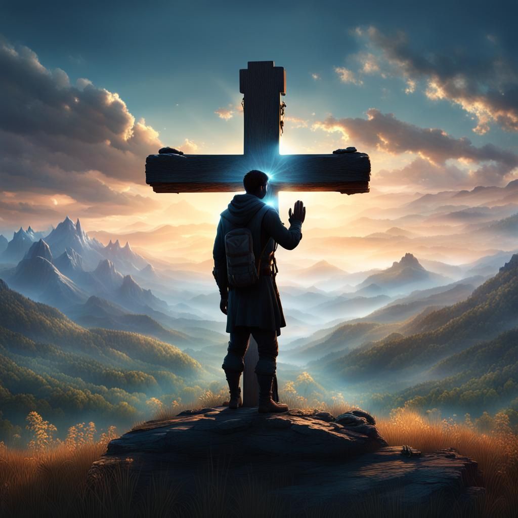 Man Praying Silhouette at Cross, Detailed Matte Painting