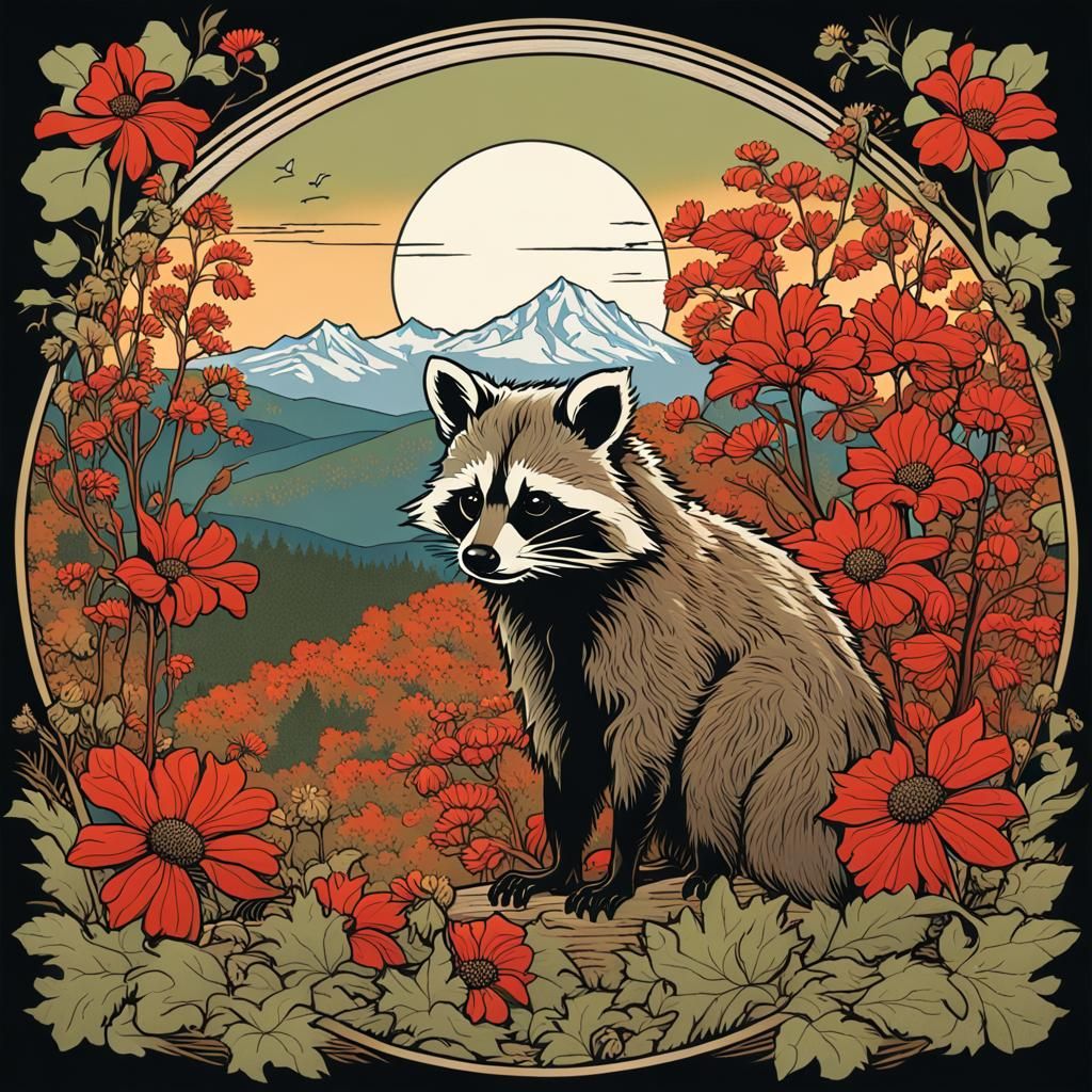 Art Nouveau Woodcut: Raccoon, Chickadee and Wildflowers