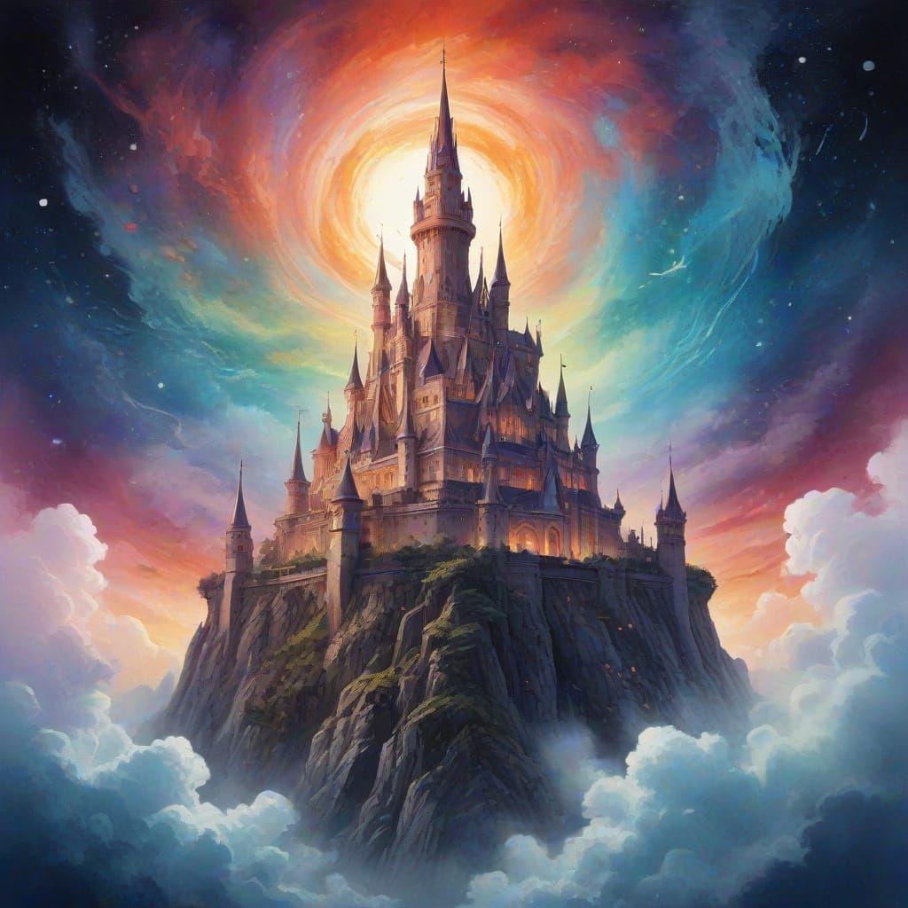 Ancient Castle on Nebula in Stylized Watercolor