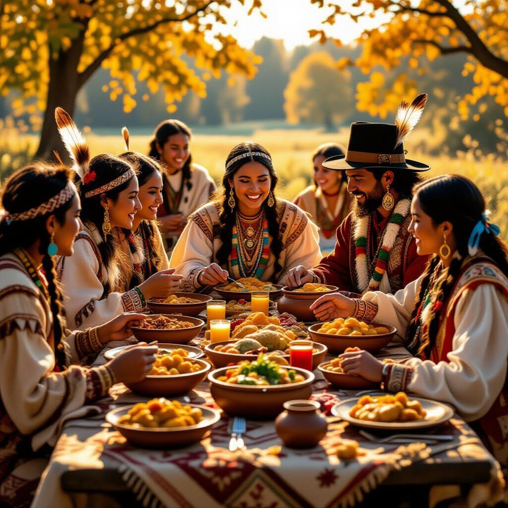 Native American and Pilgrim Thanksgiving Feast in Golden Hou...
