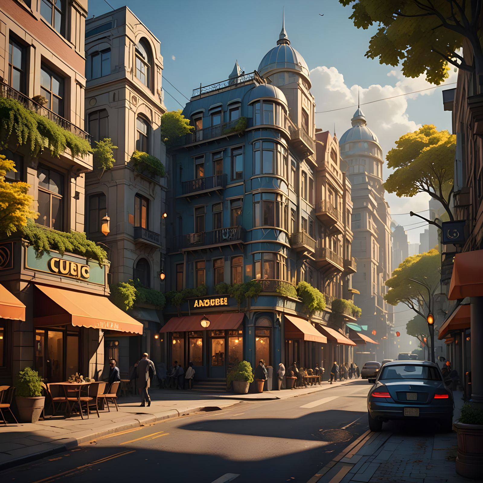 City Street Scene in Neo-Cubist Style