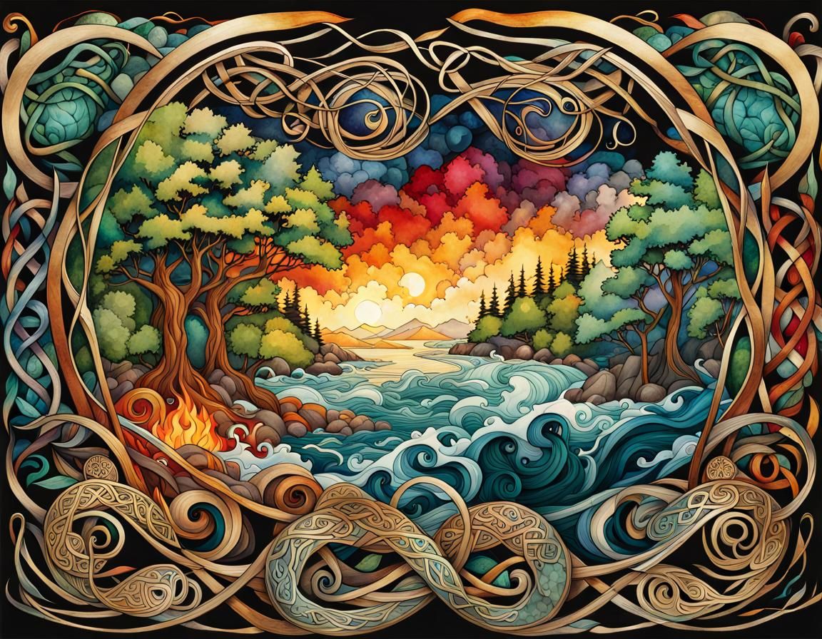 Celtic Knot Mouse in Forest Art Nouveau Illustration