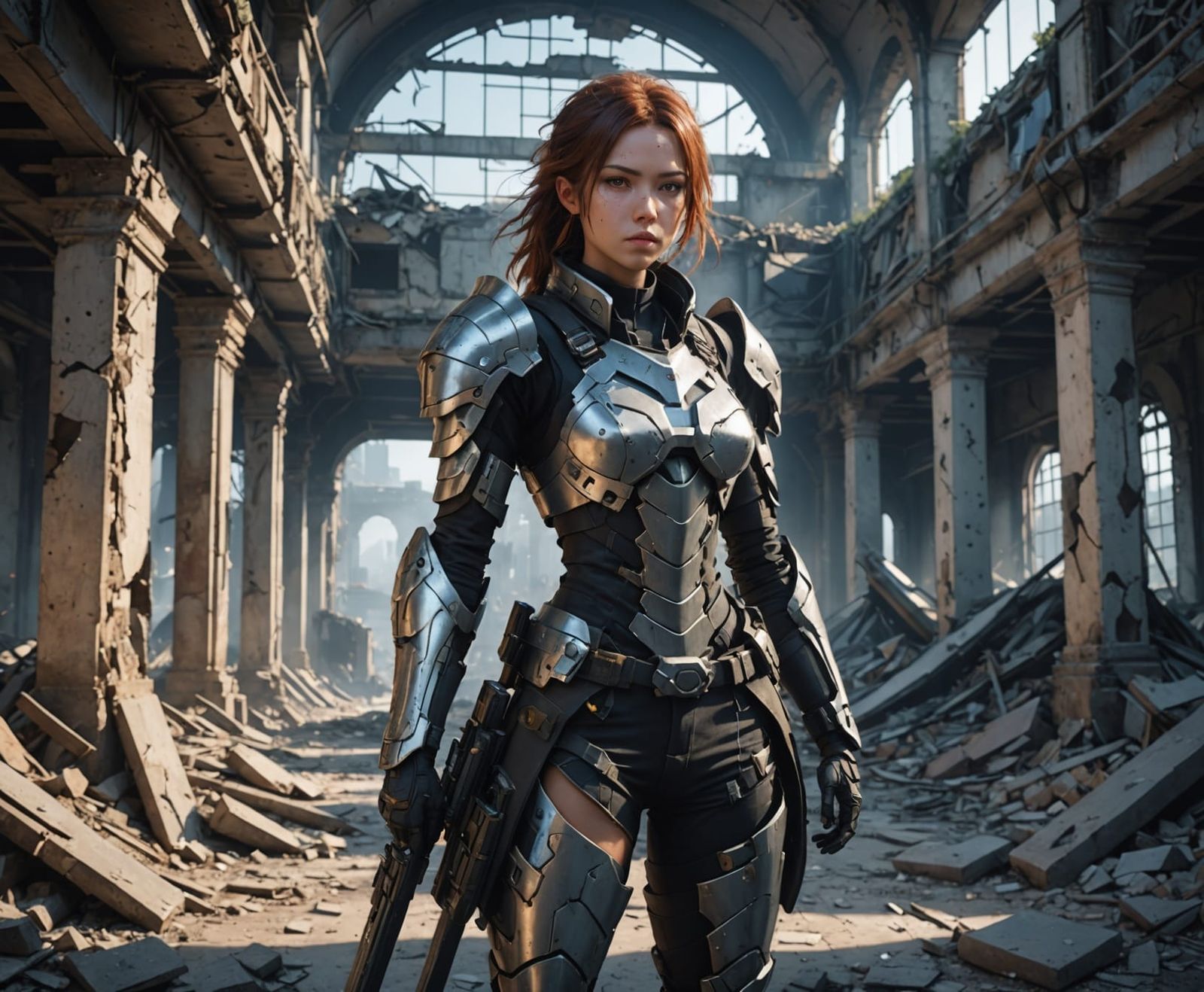 Futuristic warrior, in a ruined building