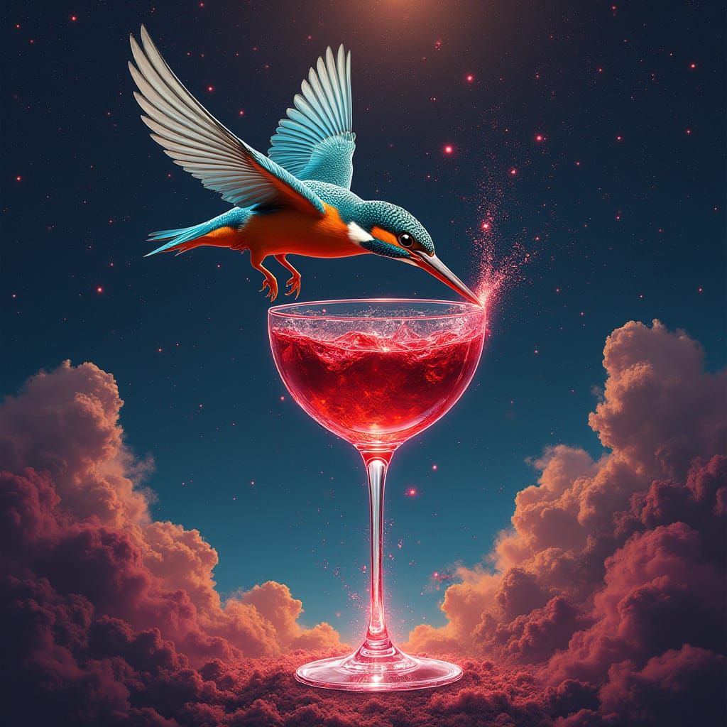 Kingfisher Diving into Wine, Holographic Illustration