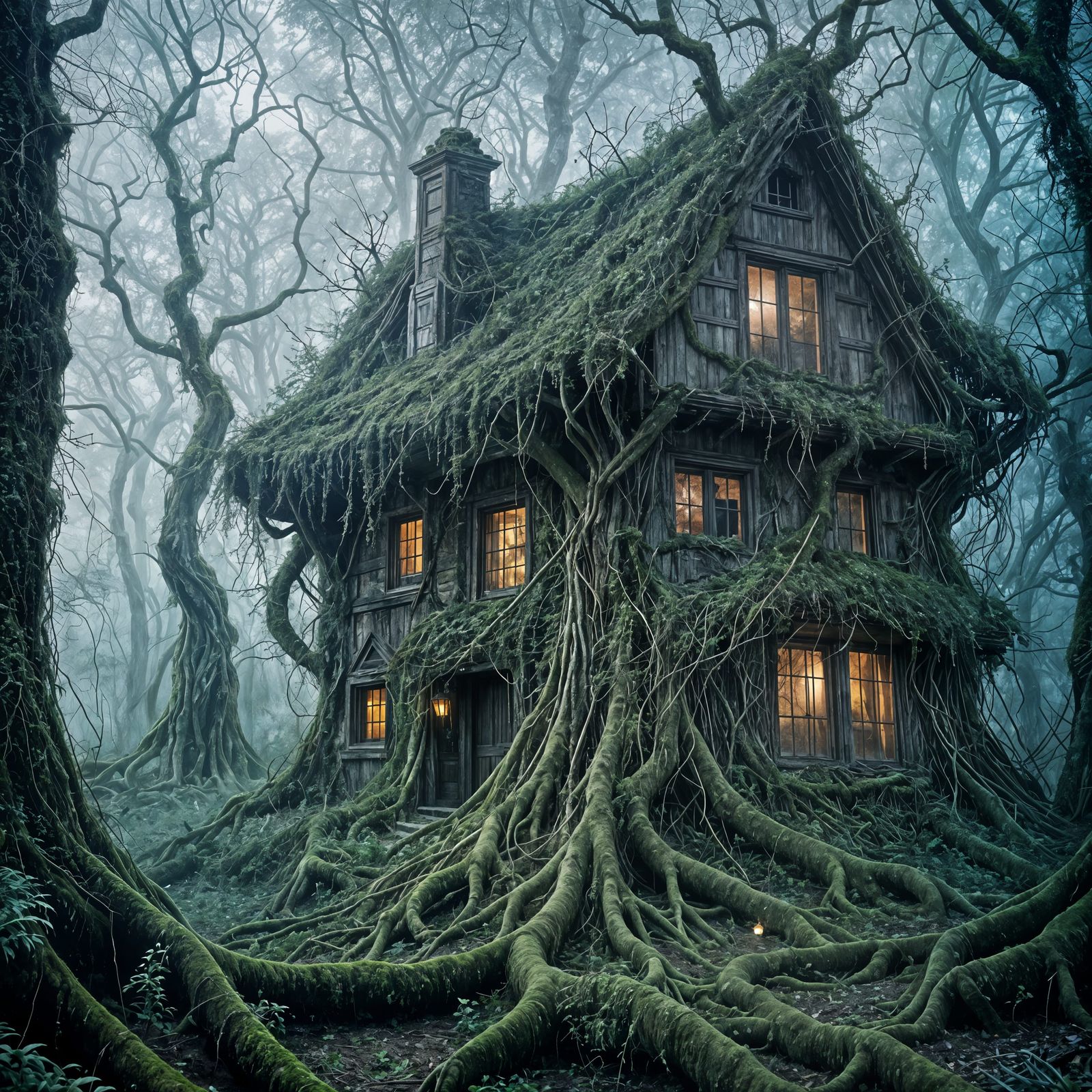 Eerie Haunted House in Spectral Moonlight