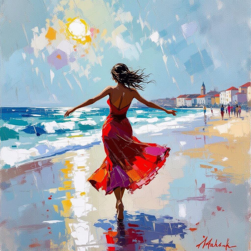Woman Dancing in Rain on Cádiz Beach as Gouache