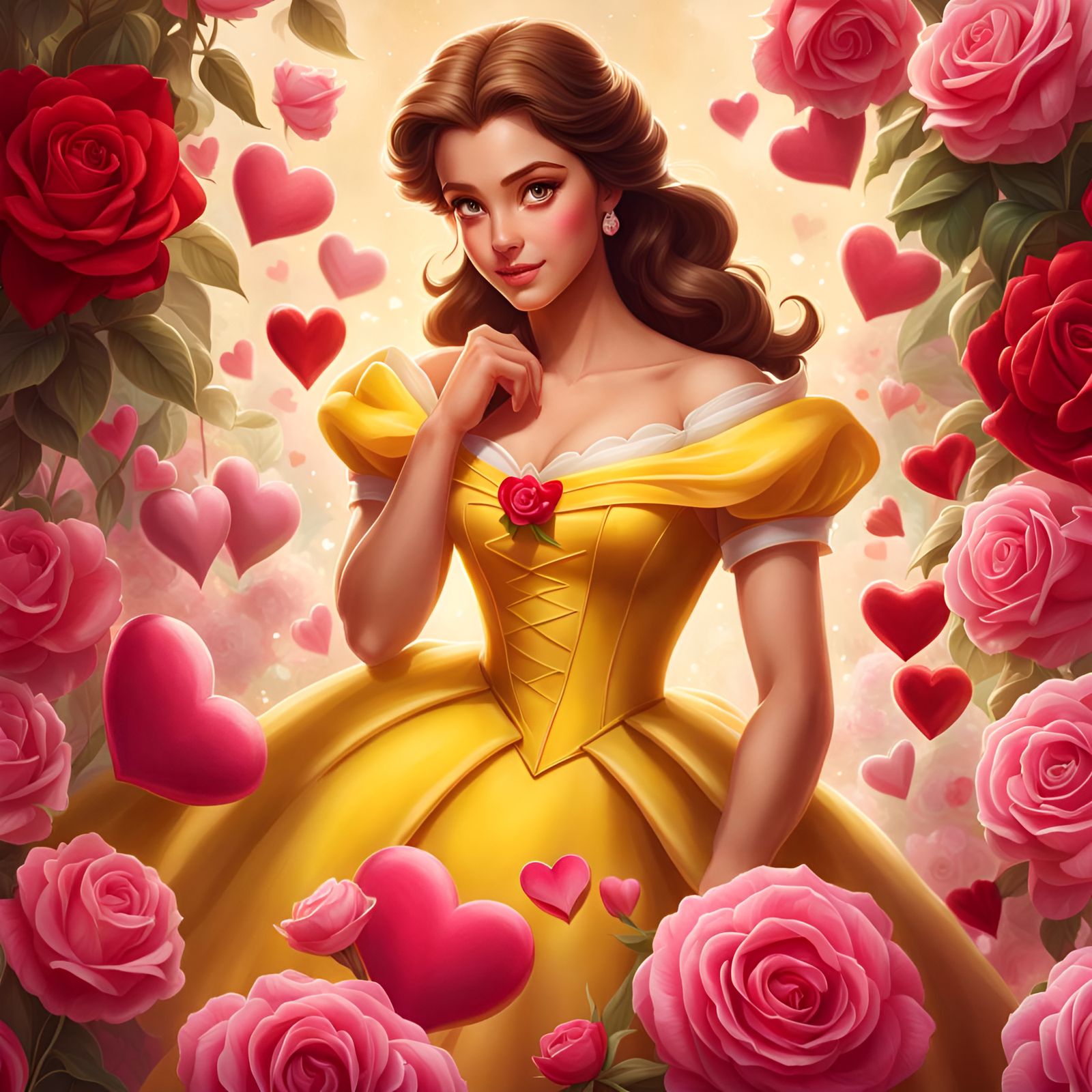 Disney's Belle Surrounded by Hearts and Flowers