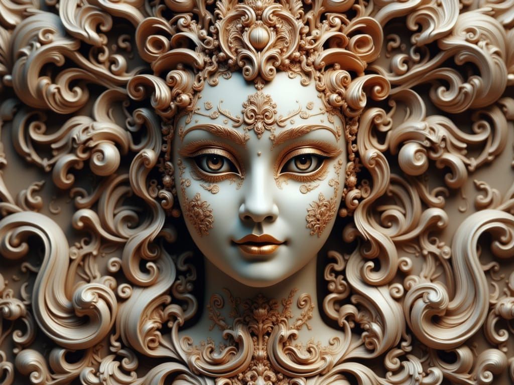 Detailed mascaron featuring intricate Rococo style details