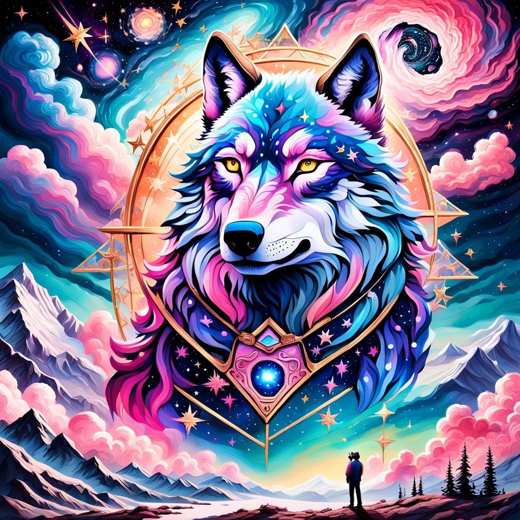 Celestial Wolf in Space: A Vibrant Oil Painting