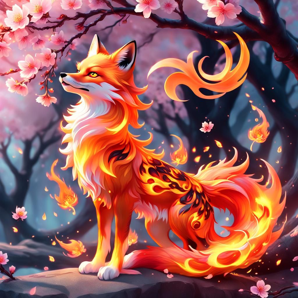 Mystical Nine-Tailed Fire Fox Under Cherry Tree