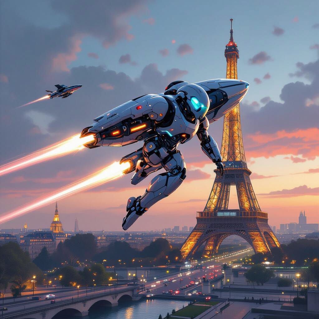 Futuristic Robot Soaring Over Paris: Digital Art