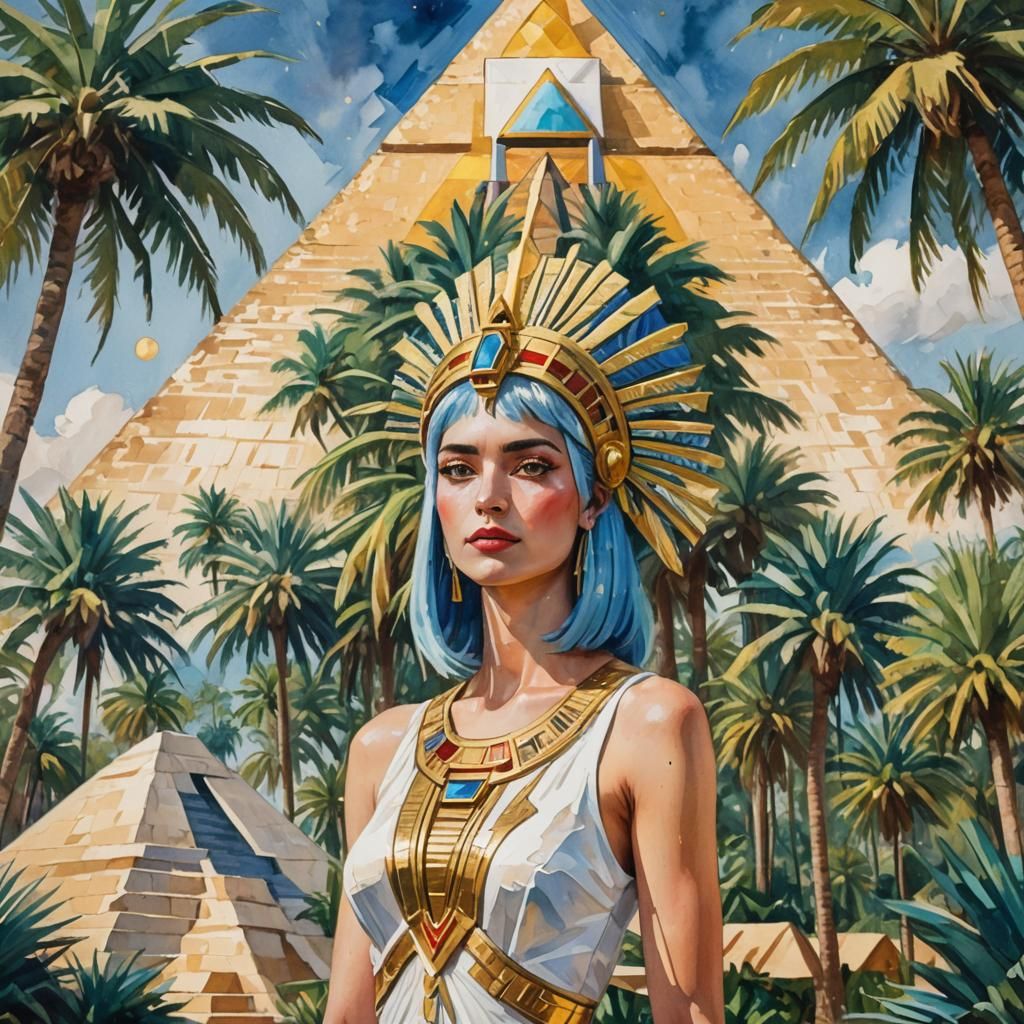 Golden Spaceship and Woman in Gouache Style