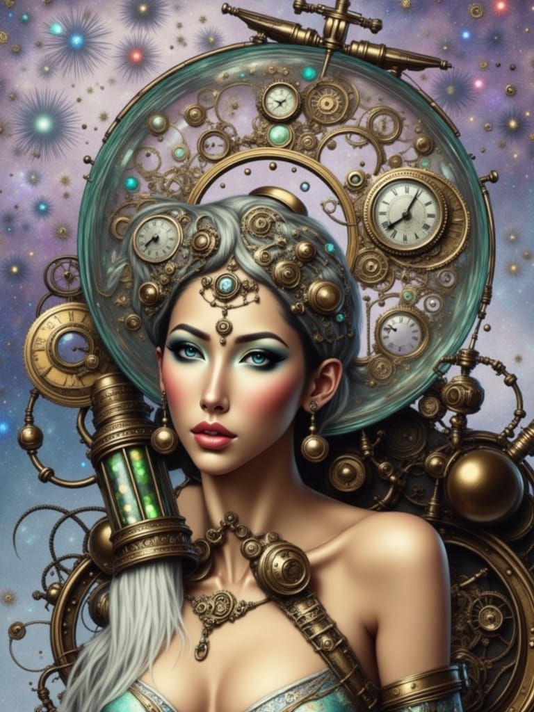 A Steampunk Goddess in a Cosmic Glass Orb