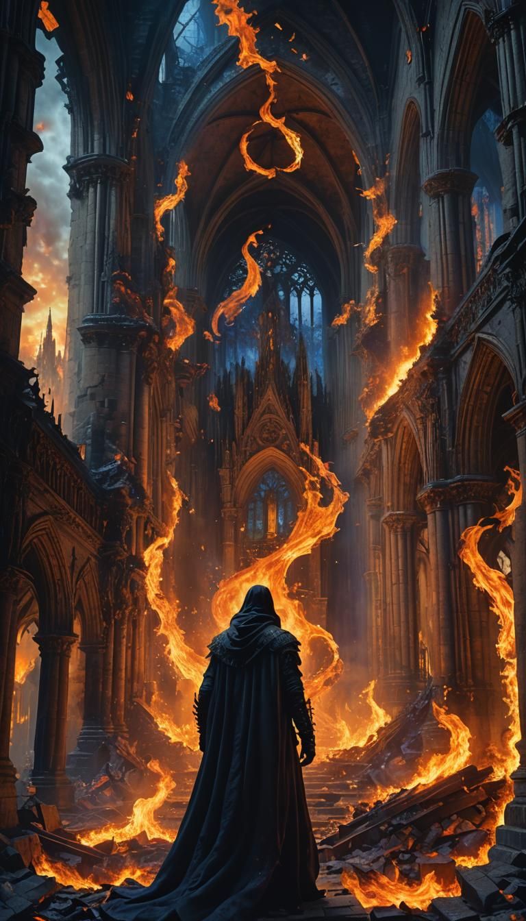 Mystical Figure Amid Gothic Flames in Ruined Cathedral