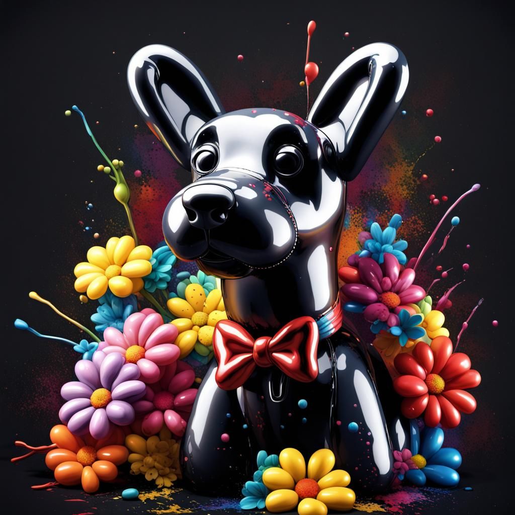 Hyperrealistic Balloon Dog with Flowers in Splash Art