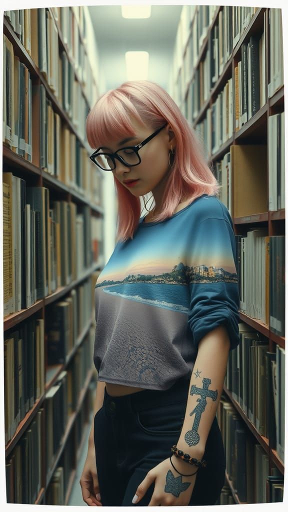 Emo Girl Made of Polaroid Pictures in Library