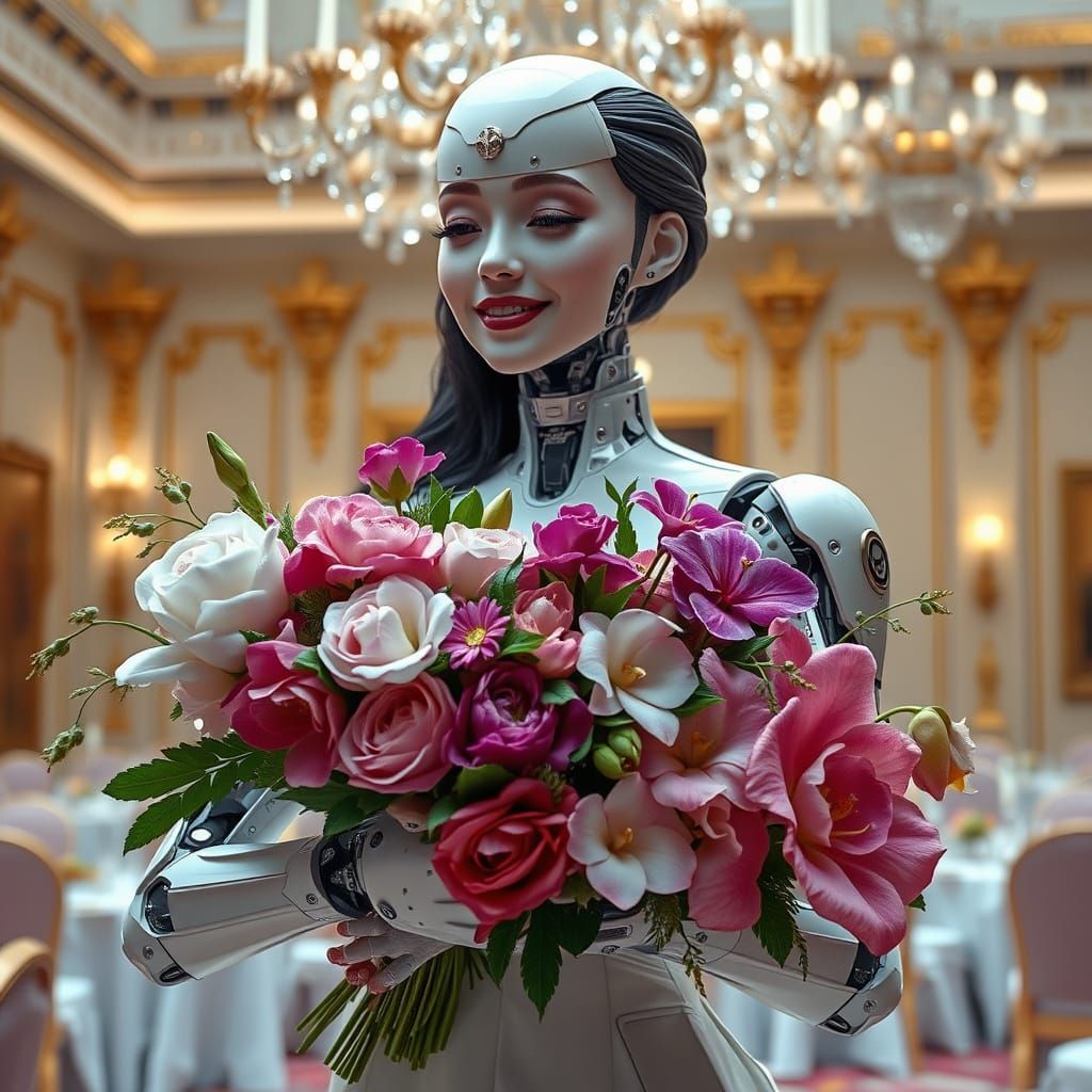 Female Android smiles while holding a bouquet