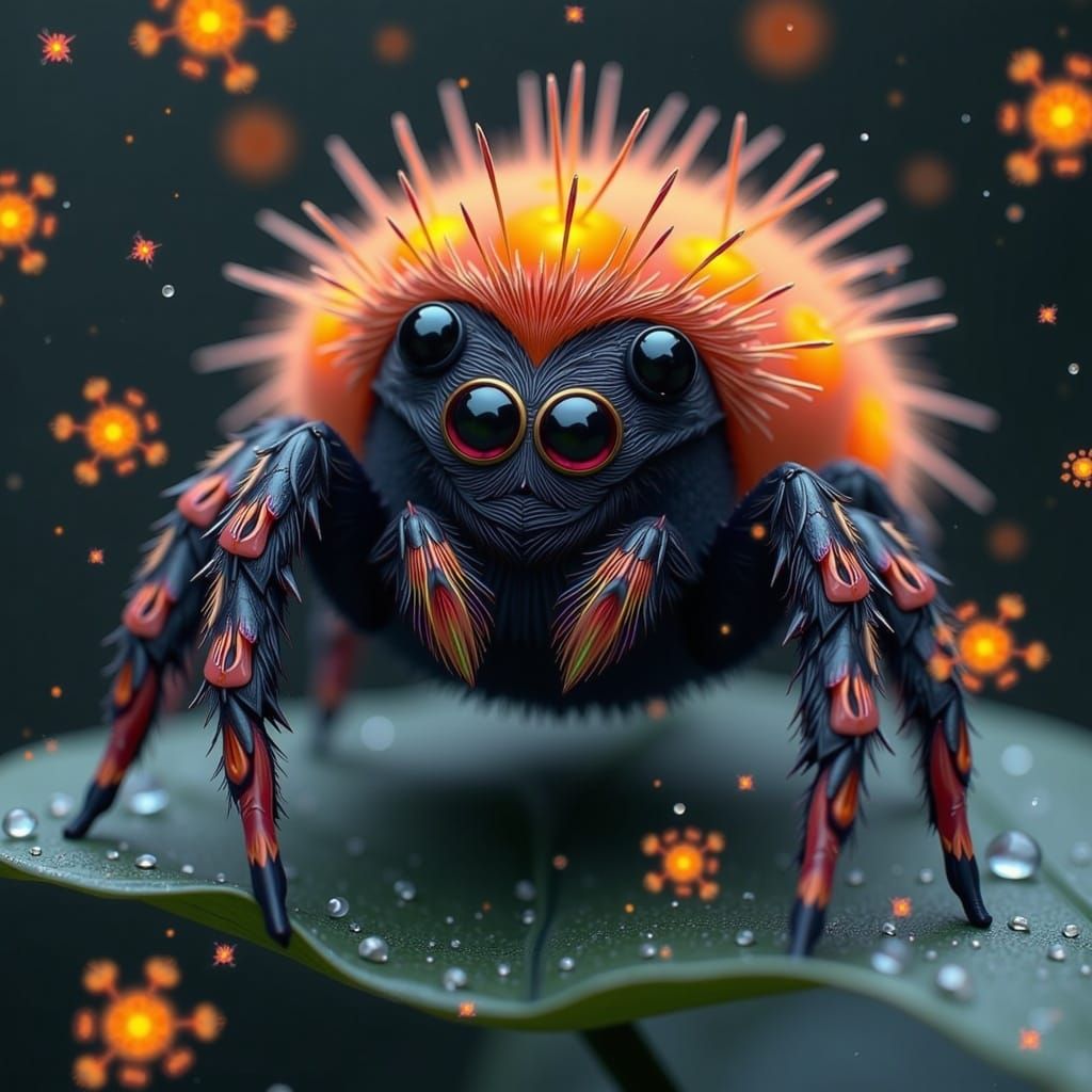 Fuzzy Jumping Spider with Fireflies in Loish Style