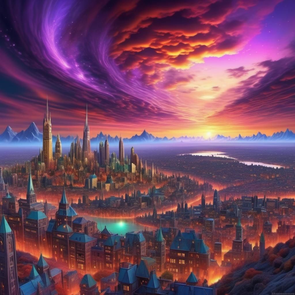 Mystical Cityscape: Dreamy Gemstone Sunset in Autumn Colors