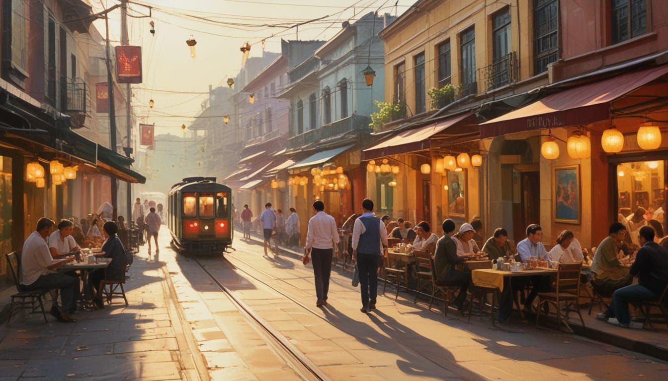 Impressionist Vietnamese Street Scene with Morning Bustle