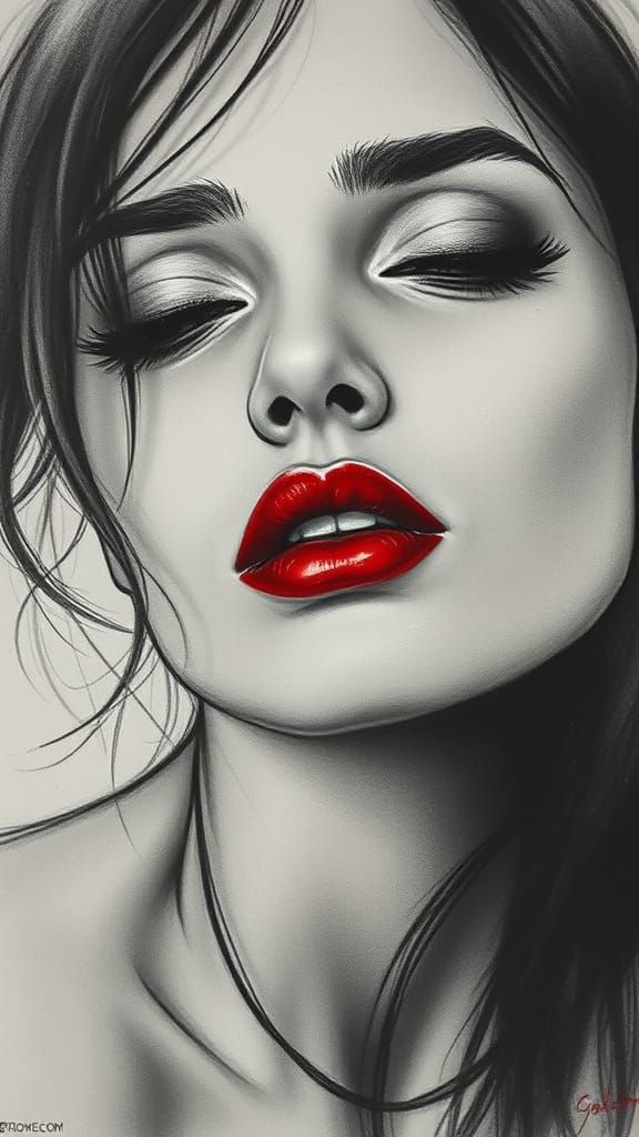 Sensual Woman in Charcoal Drawing with Strawberry Red Lips