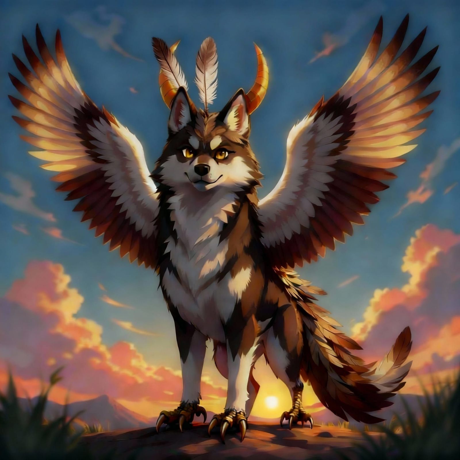 Anime Husky with Horns and Hawk Wings