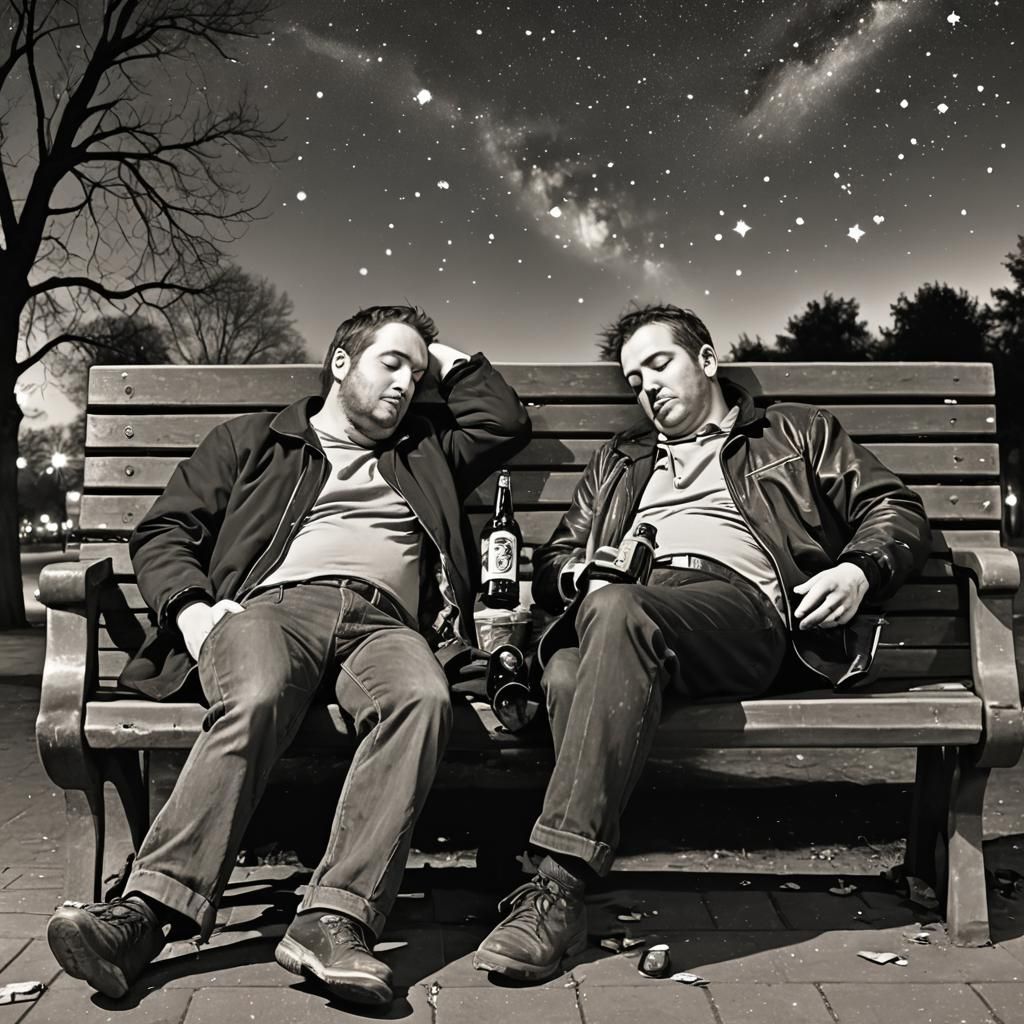 Drunk Men Asleep on Park Bench Under Stars