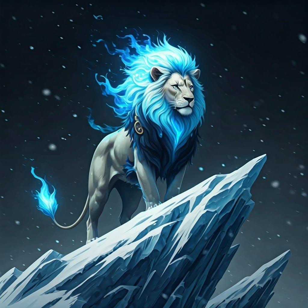 Anime Lion with Blue Fire Mane on Snowy Peak