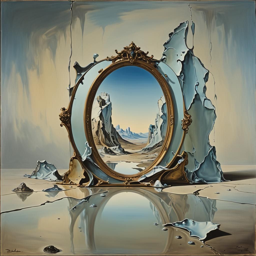 Broken Mirror Reflection in Surrealist Melting Oil Painting