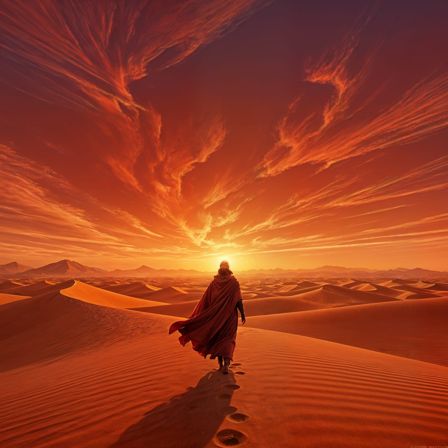 Surreal Desert Landscape with Traveler in Painterly Style