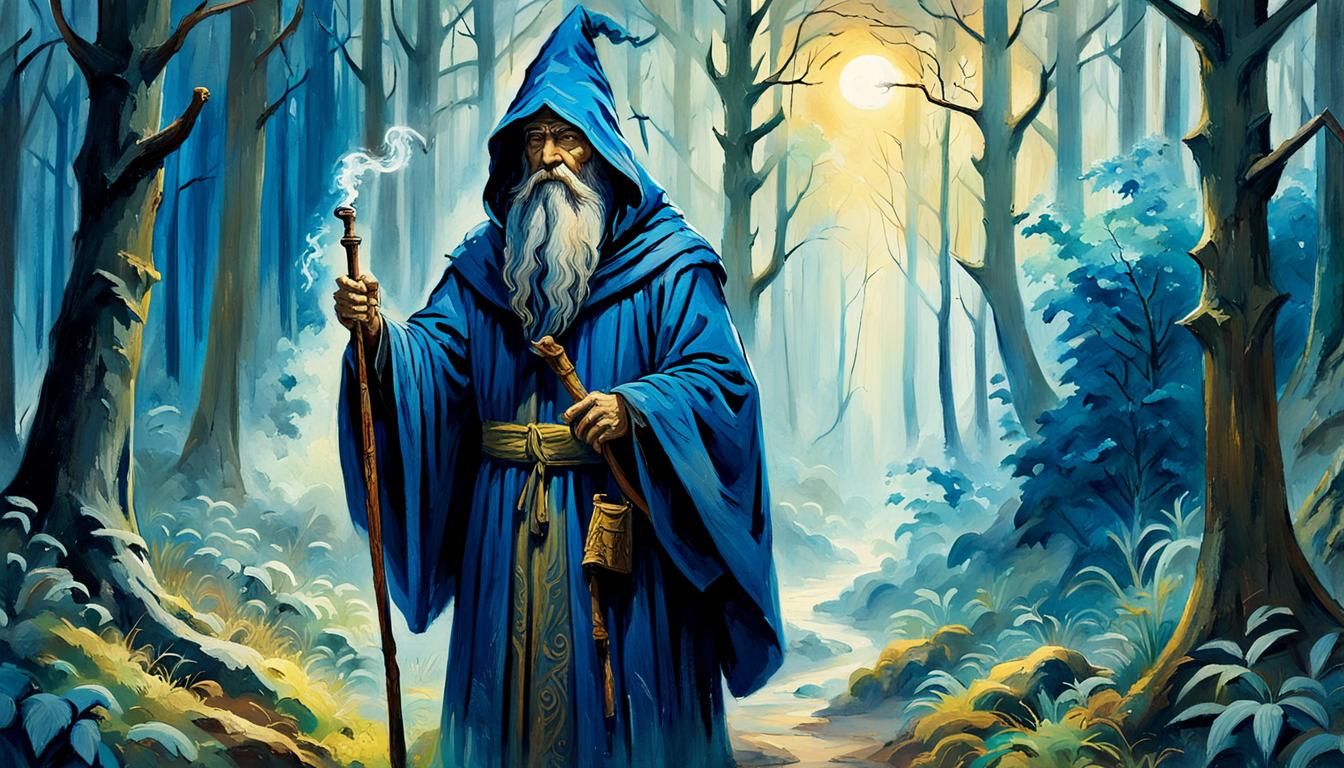 Mystical Forest Wizard in Gouache Impressionist Style