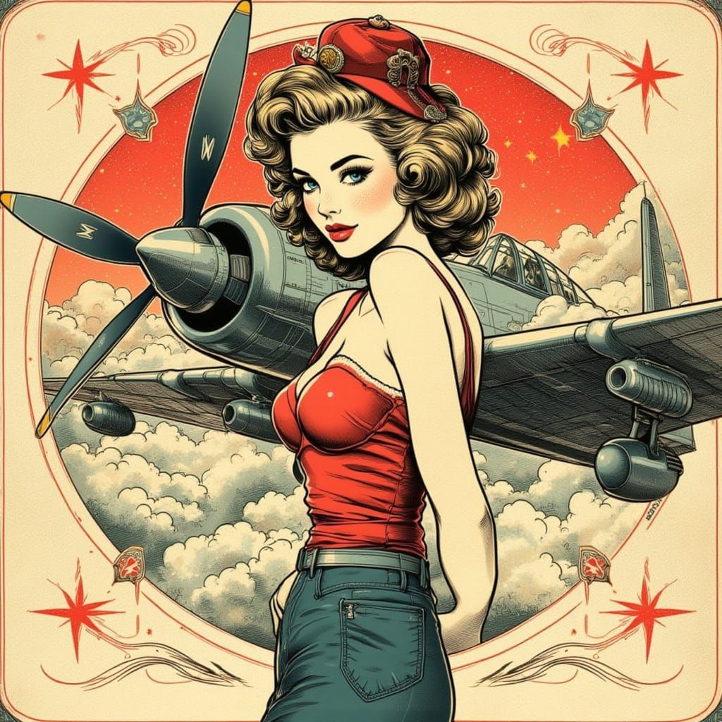 WWII Bomber Pin-Up in Neo Traditional Tattoo Style