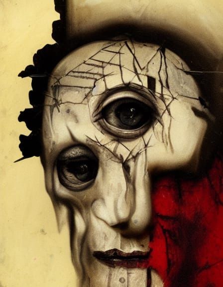 Two-Faced Figure in Brutalist Maze: Goya-Inspired Surrealism