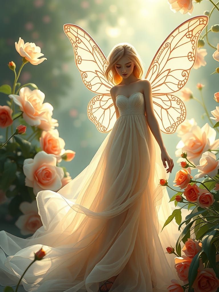Ethereal Fairy in a Shimmering Flower Garden
