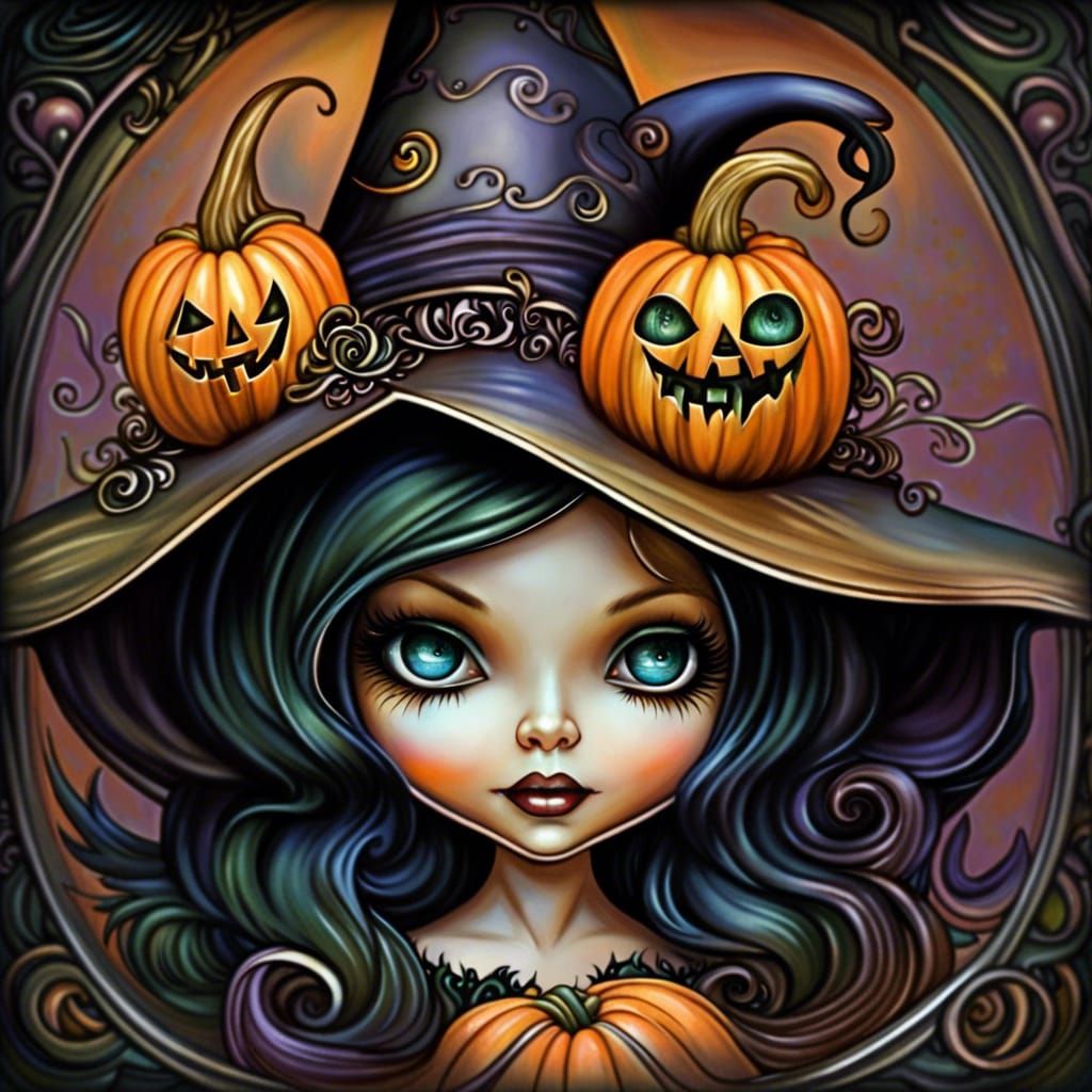 Halloween Witch with Pumpkins: Luminous Iridescent Art