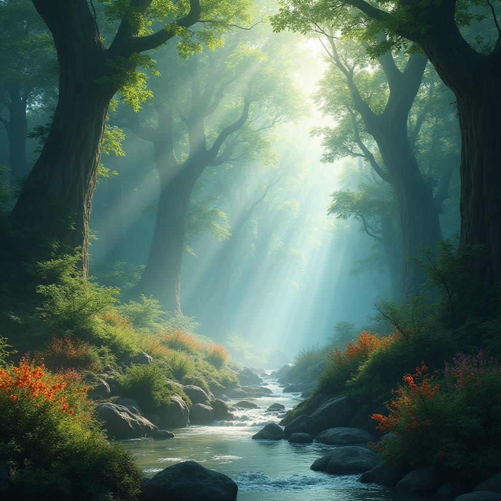 Breathtaking Ancient Forest with Giant Trees and Ethereal Li...